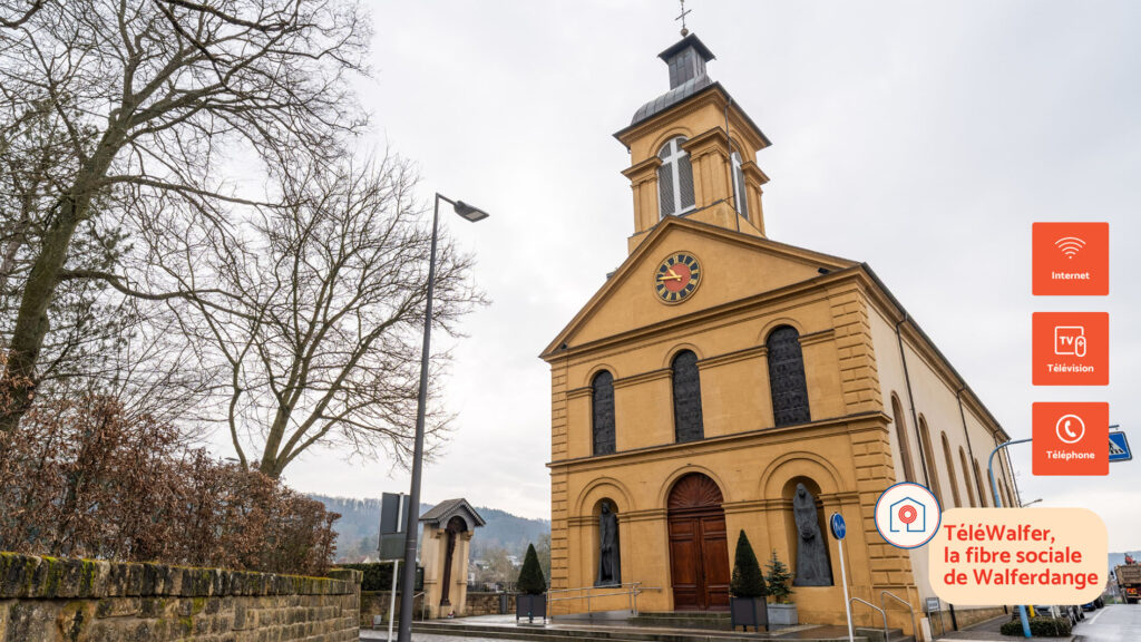 Church in Walferdange with icons representing Internet, TV, and phone services offered by TéléWalfer, the social fiber network of Walferdange
